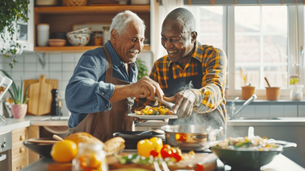 Elder men cooking a meal together in the kitchen
