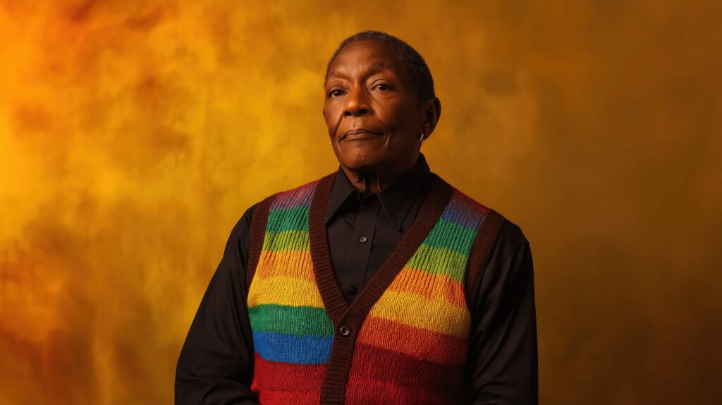 A person in a rainbow vest