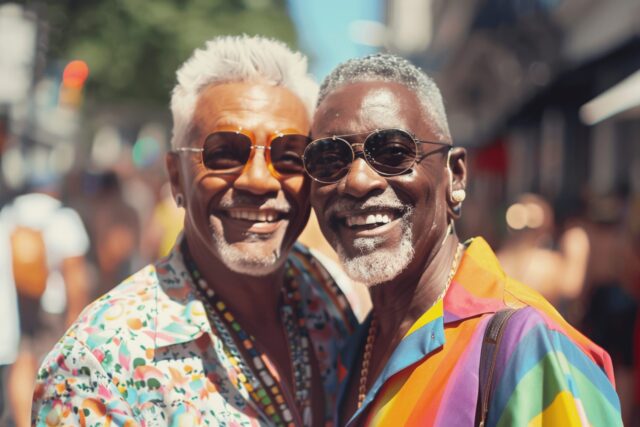 Two older people with each other at a march