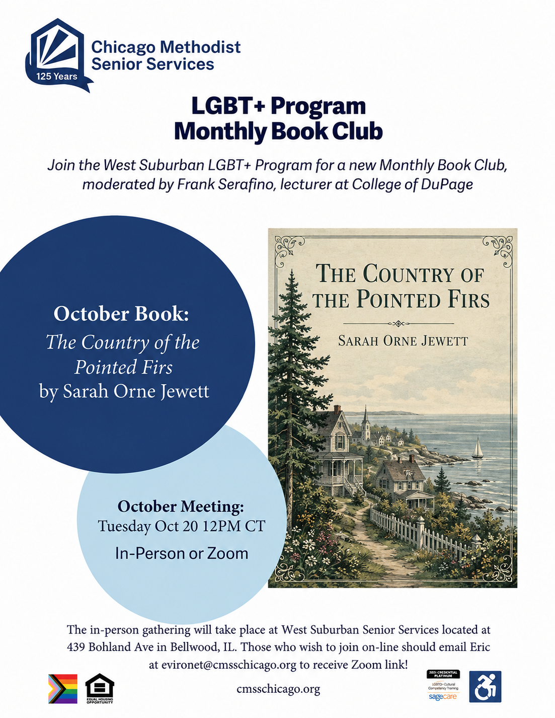 LGBT+ Book Club poster featuring "The Country of the Pointed Firs" by Sarah Orne Jewett. Event on October 20 at 12PM CT.