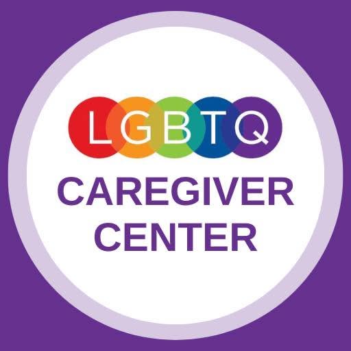 LGBTQ Caregiver Center logo with a rainbow color scheme on a purple background.