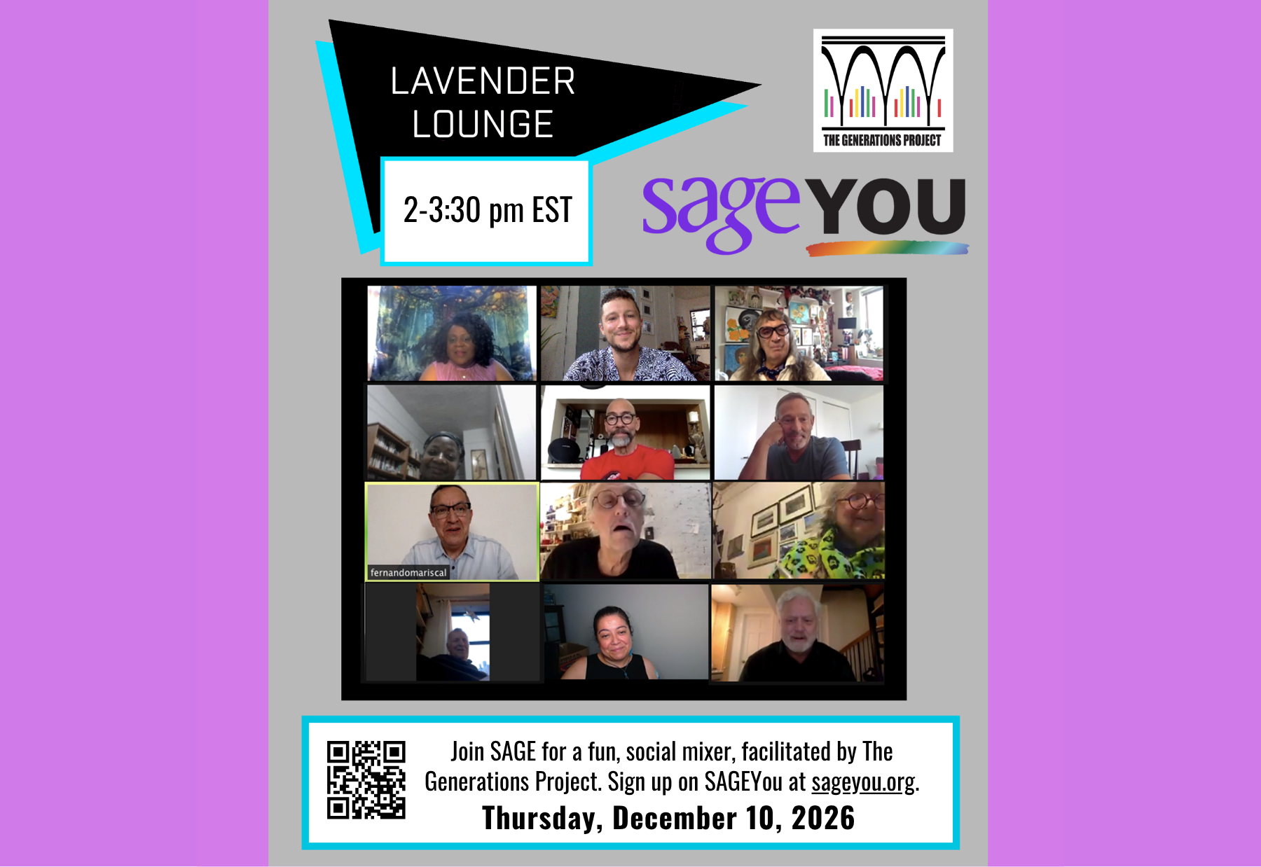 Screenshot of a virtual meeting in the Lavender Lounge hosted by SAGEYOU, scheduled for Thursday, December 10, 2026.