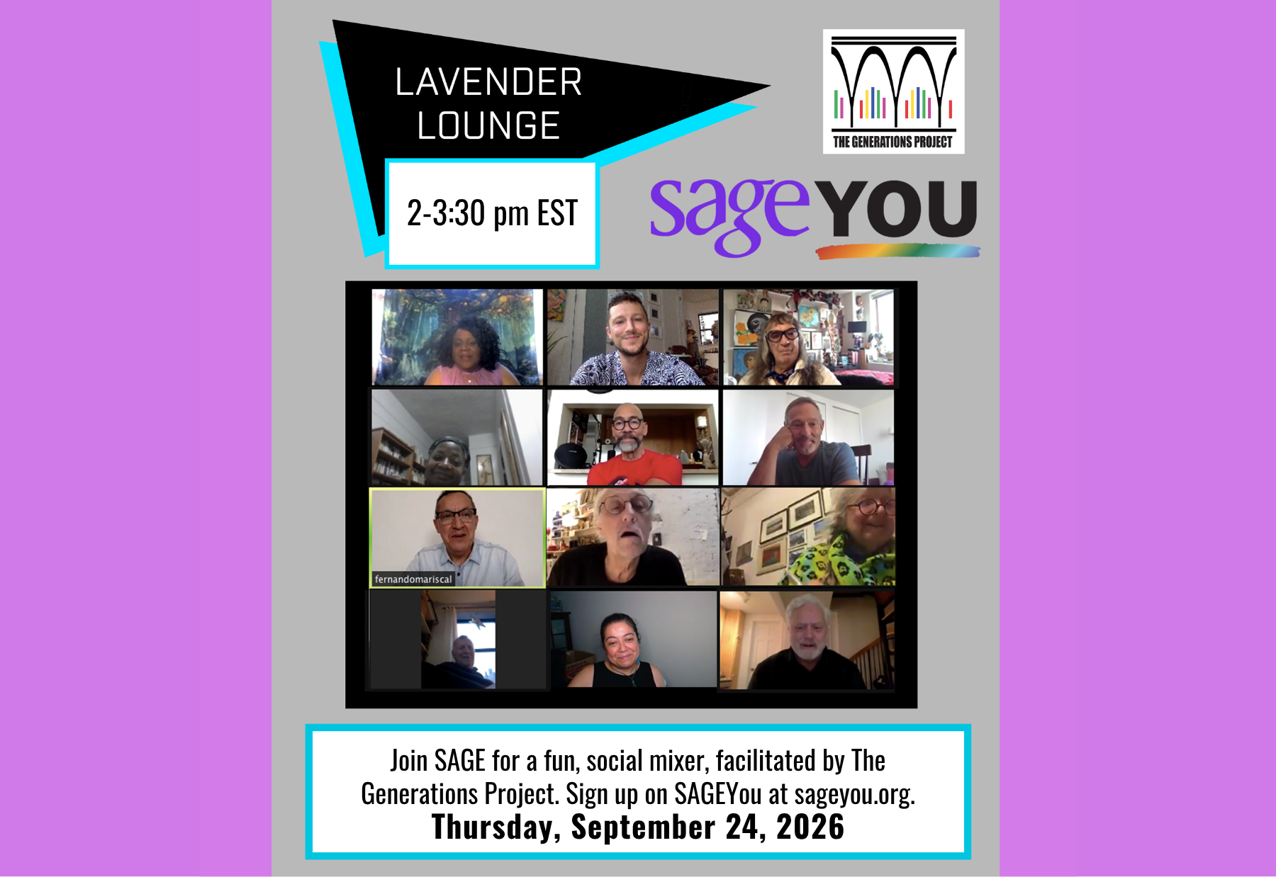 Virtual social mixer hosted by SAGE on September 24, 2026, featuring multiple participants in a video call.