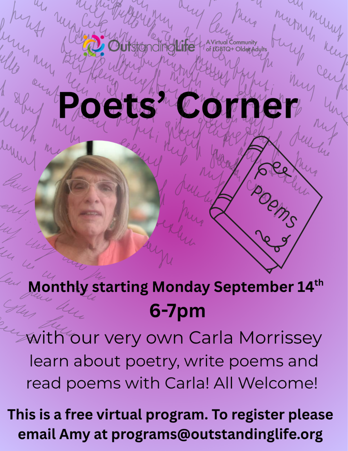 Poets' Corner event flyer featuring Carla Morrissey, offering poetry sessions starting Monday, September 14th, 6-7pm.