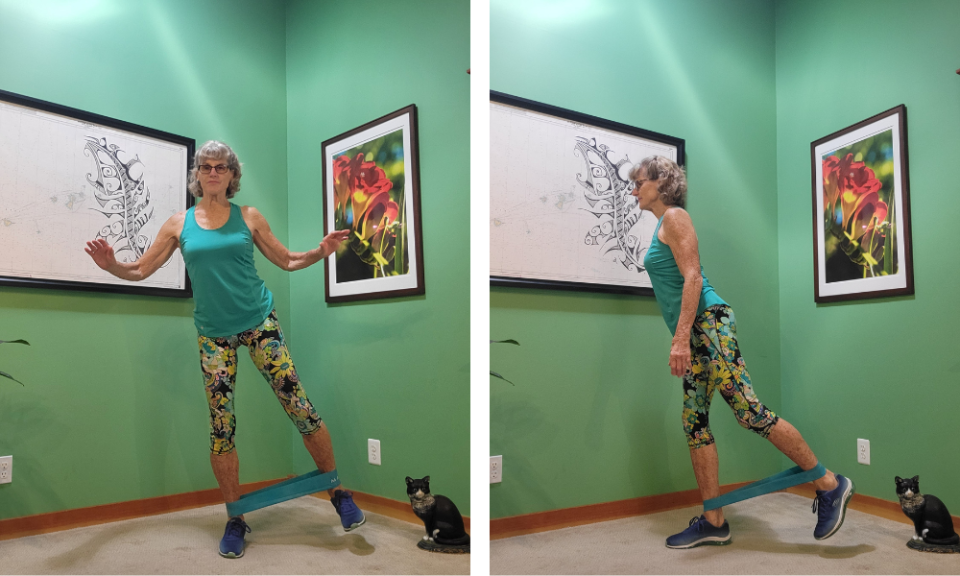 Woman exercising with a resistance band in a green room, demonstrating different leg movements for balance and strength.