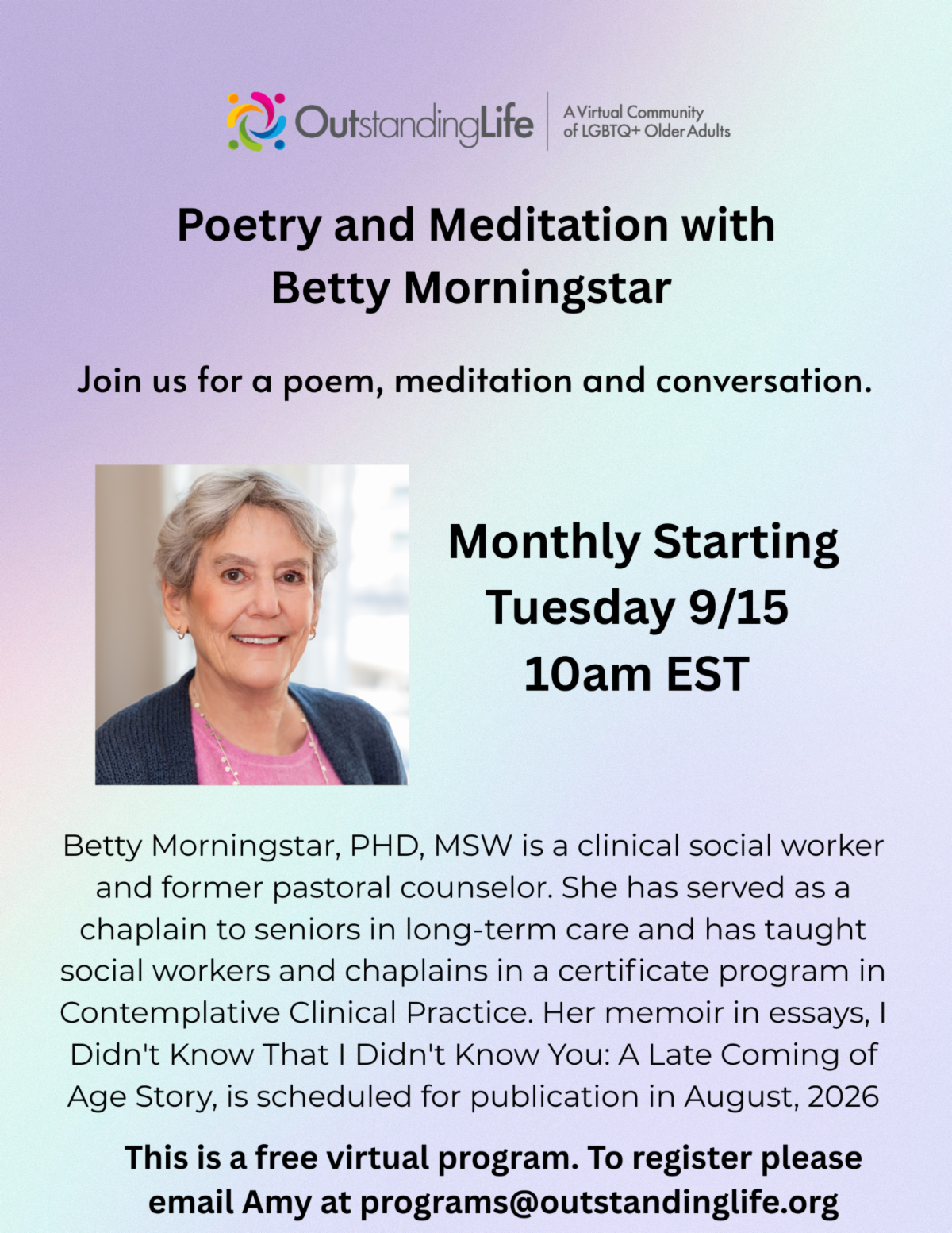 Virtual program flyer for Poetry and Meditation with Betty Morningstar starting Tuesday 9/15 at 10am EST.
